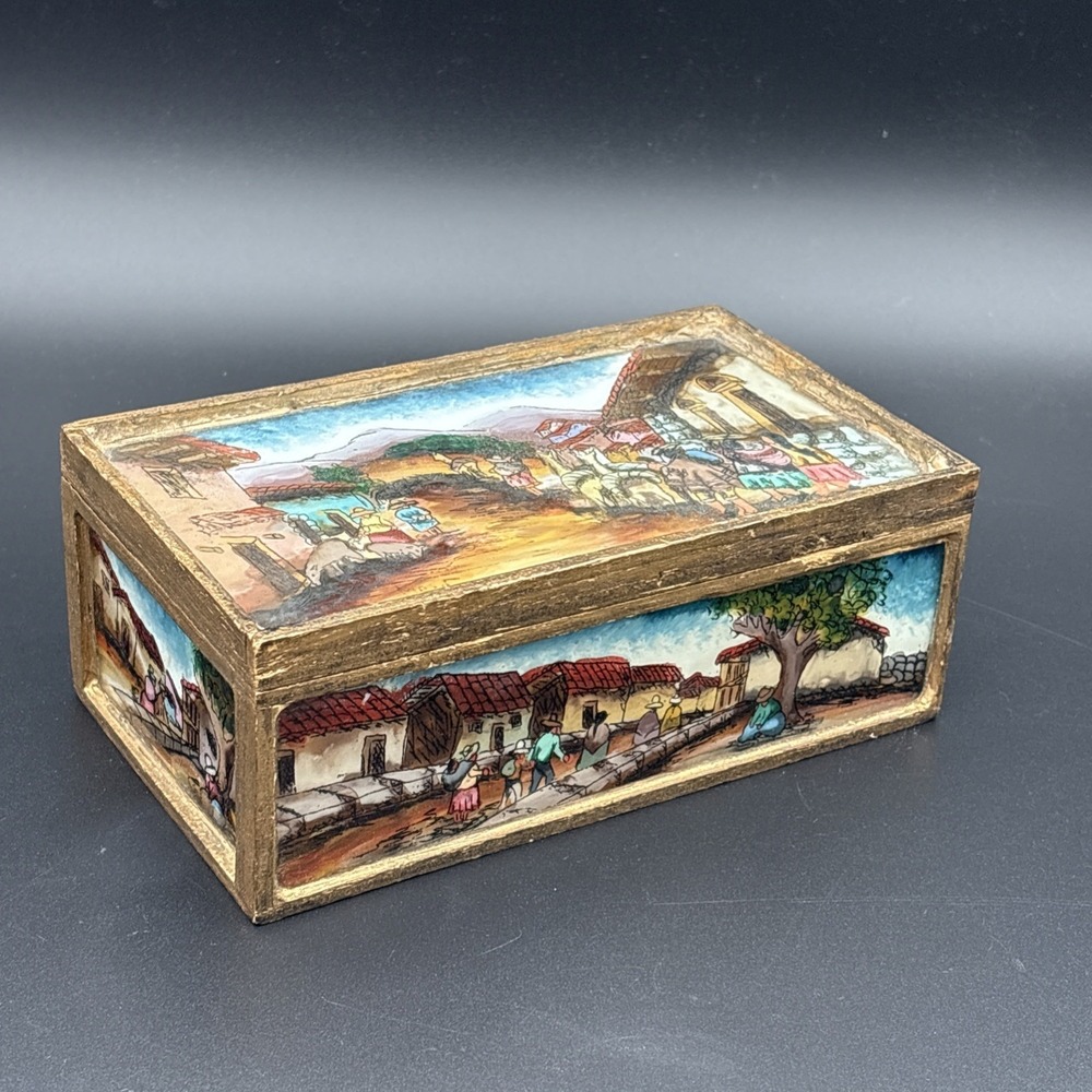 Vintage Peruvian Reverse Painted Glass Trinket Box Multi-Panel Andean Village